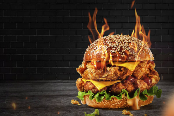 A spicy chicken sandwich on fire