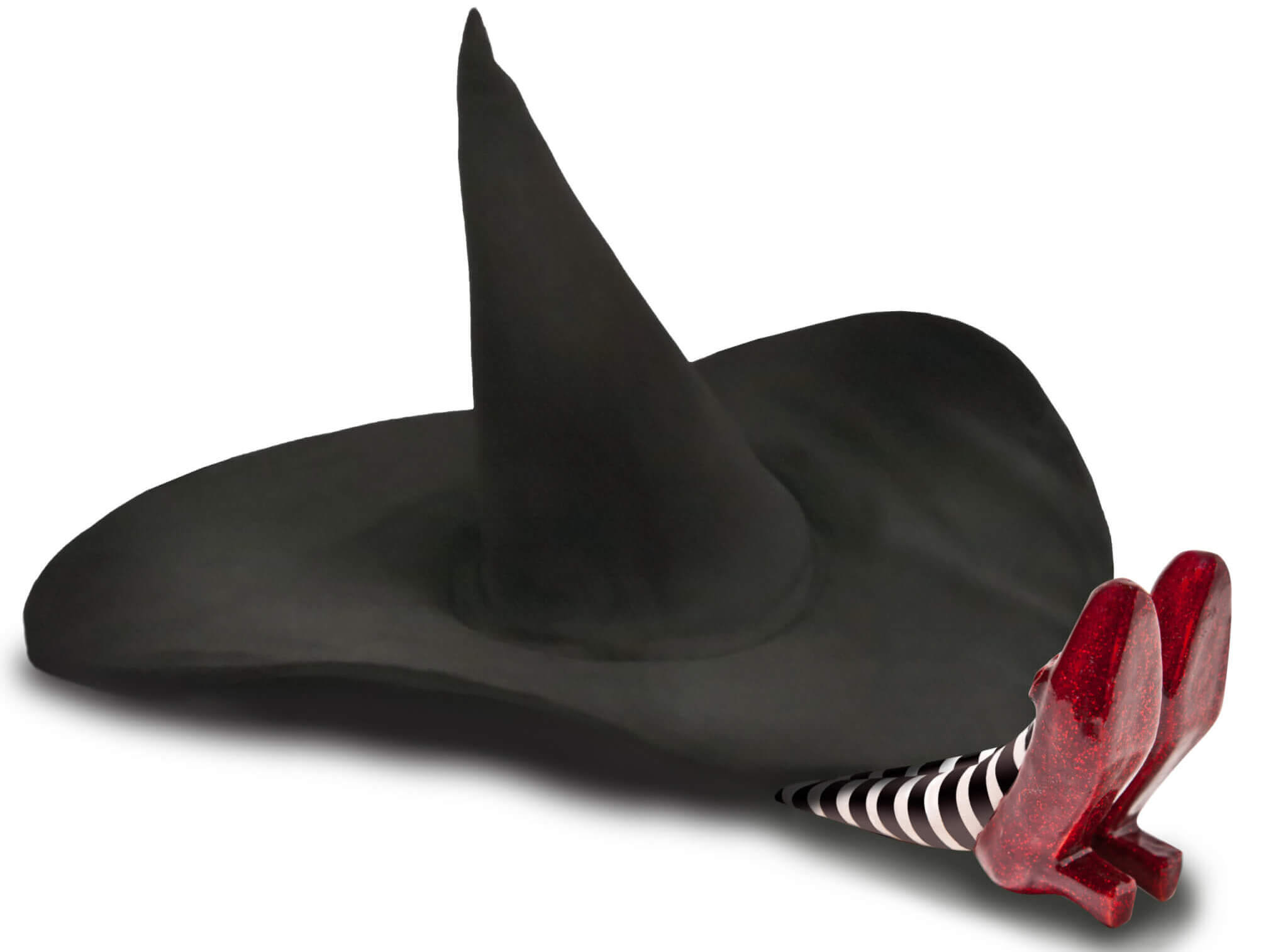Ruby red slippers beneath a witch hat