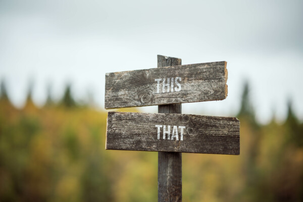 vintage and rustic wooden signpost with the weathered text quote this that, outdoors in nature.