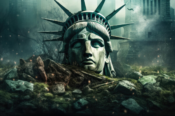 Depiction of doomsday and the Statue of Liberty