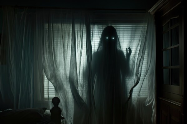 Blurred ghost silhouette in bedroom window