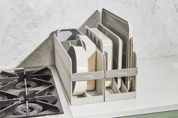 A look at the Caraway Bakeware Set in its storage bings.