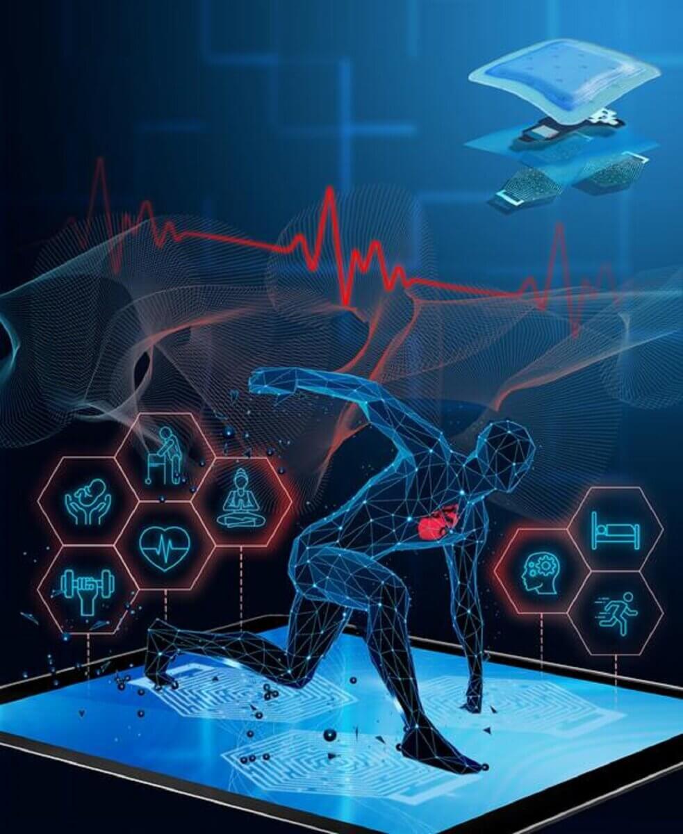 Illustrative image of ECG device and various applications.