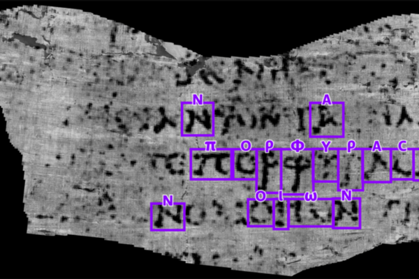 The Greek characters, πορφύραc, revealed as the word “PURPLE,” are among the multiple characters and lines of text that have been extracted by Vesuvius Challenge contestant Luke Farritor