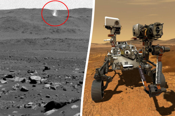 Still image shows the dust devil on Mars circled in red, alongside a photo of NASA's Perseverance
