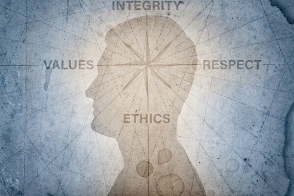 Human head with moral compass points to the ethics, integrity, values, respect.