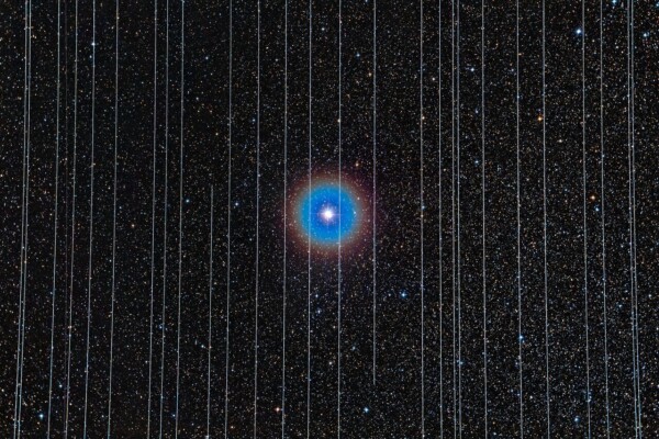 The background image shows the double star Albireo in Cygnus and was taken on December 26, 2019. Two out of ten 2.5-minute exposures recorded Starlink satellites moving across the field.