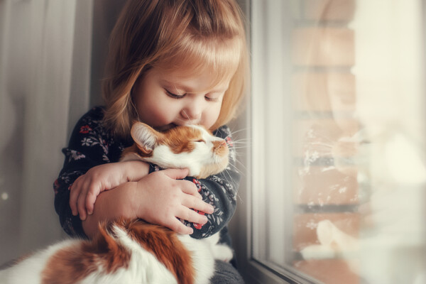 A little girl hugging a cat