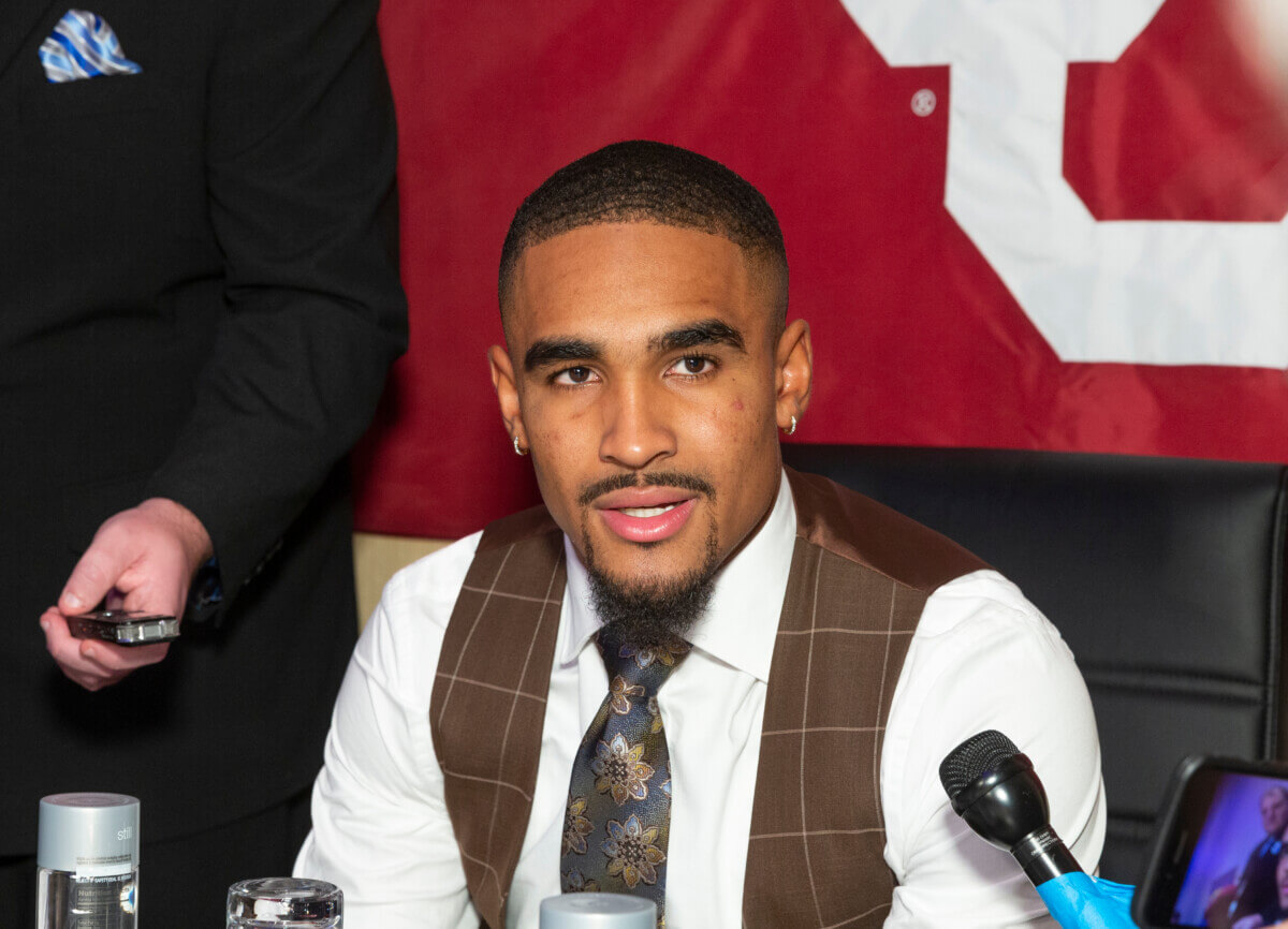 Jalen Hurts at a press conference in 2019