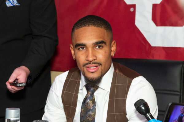 Jalen Hurts at a press conference in 2019