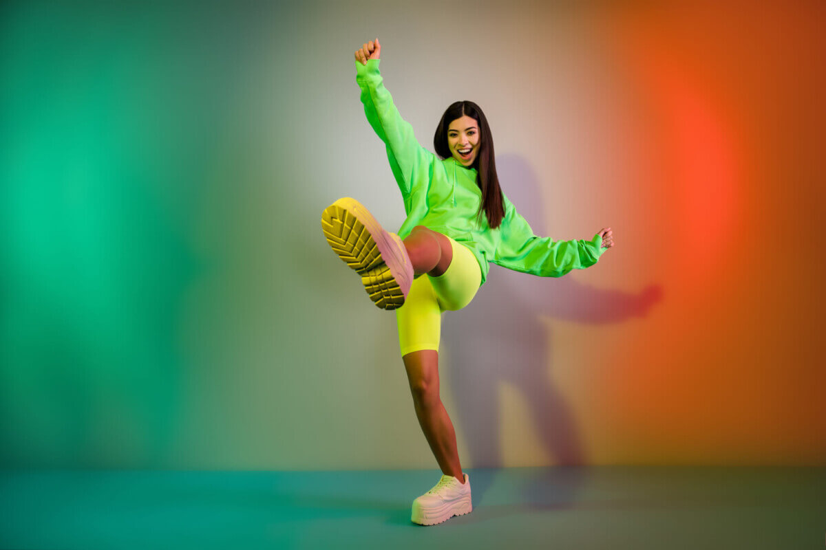 A woman wearing platform sneakers