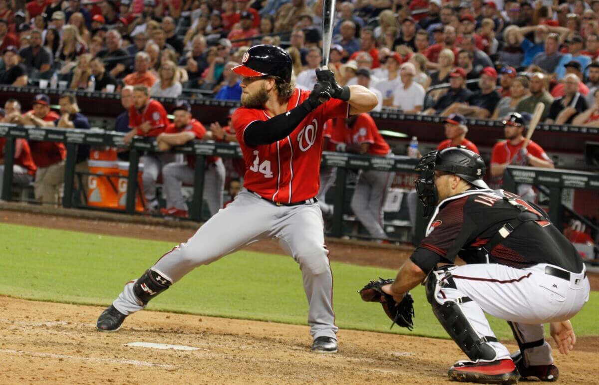 Bryce Harper up to bat in 2017 at Chase Field in Arizona