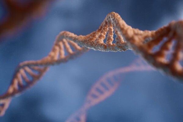 3D rendering capturing the double helix structure of DNA against a blue backdrop, highlighting the intricate beauty of life's genetic code