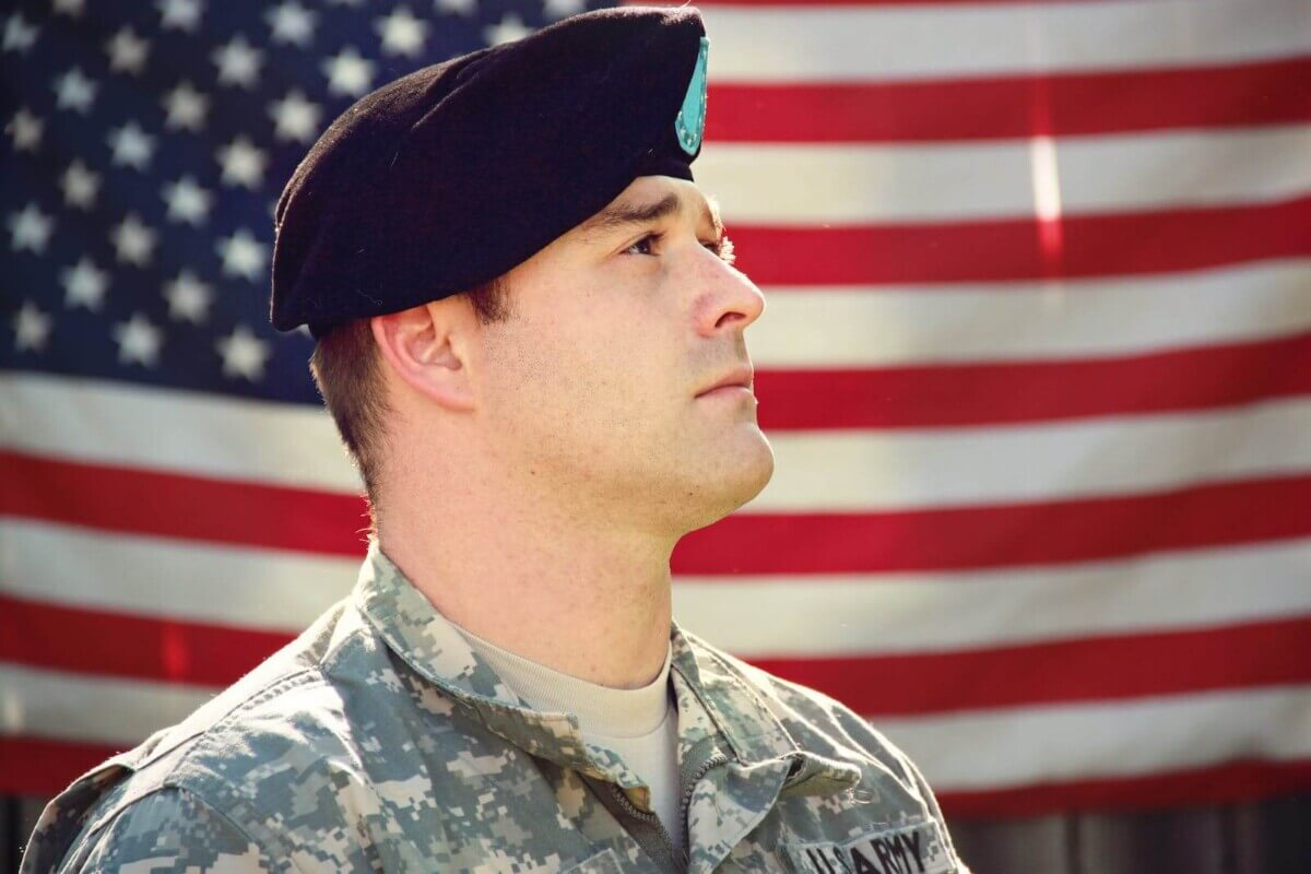 Soldier in front of American flag