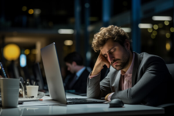 Man falling asleep at laptop while pulling an all-nighter