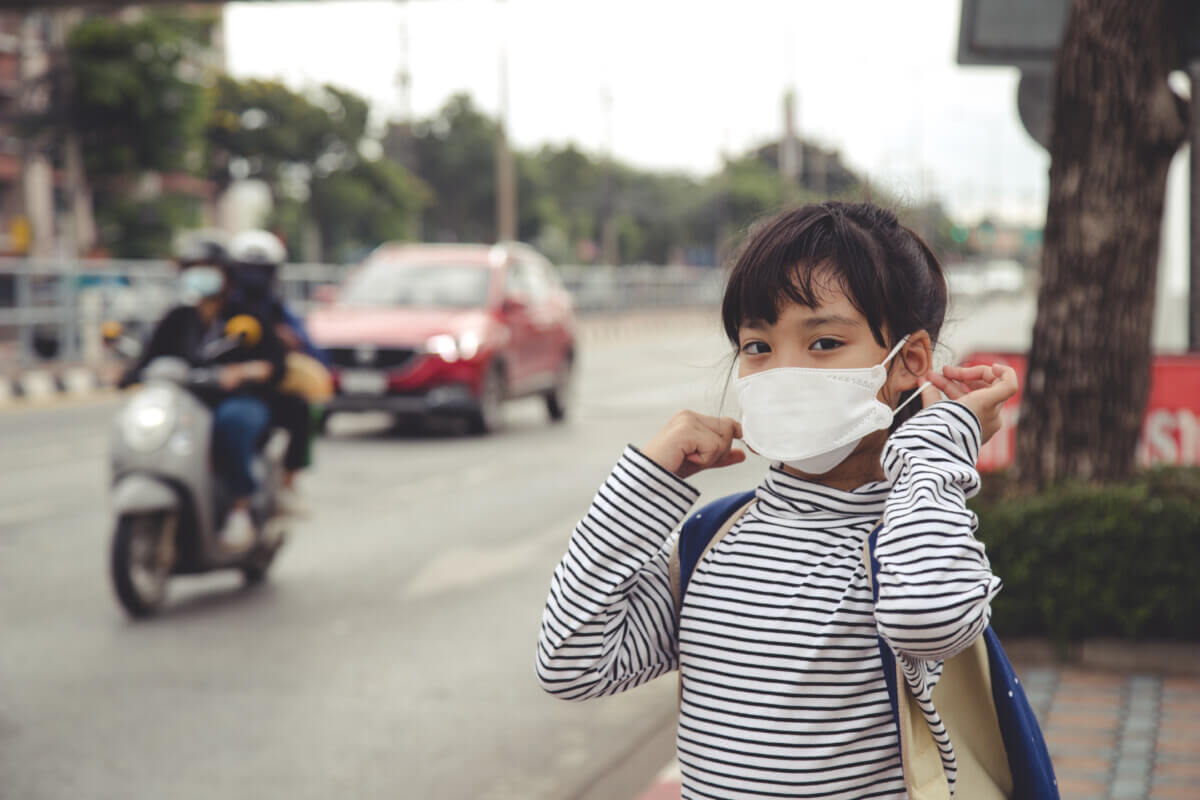 girl wearing protection mask to against air smog