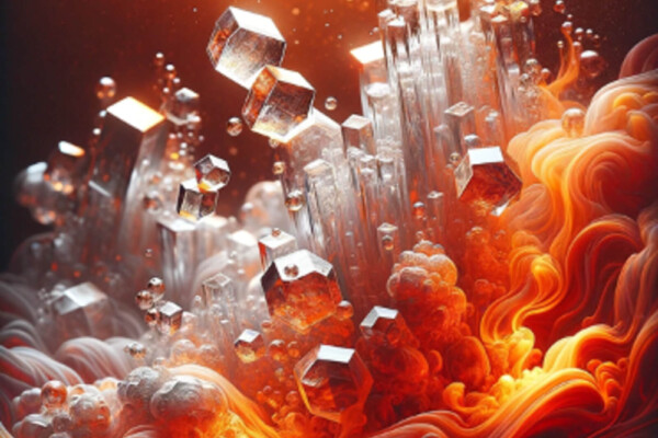 Illustration of silica crystals coming out from the liquid metal of the Earth's outer core due to a water-induced chemical reaction