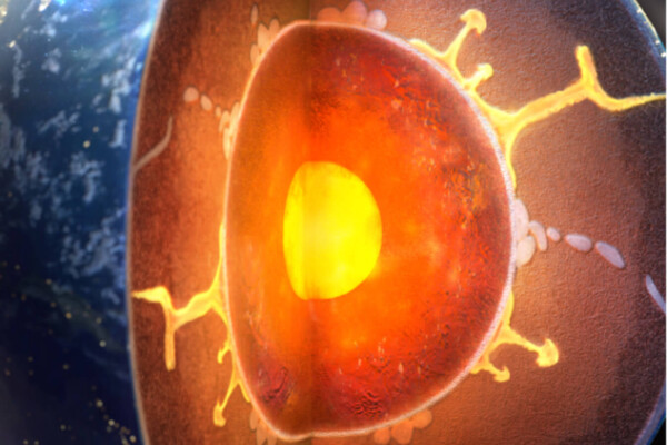 Illustration of Earth’s interior revealing subducting water and a rising plume of magma
