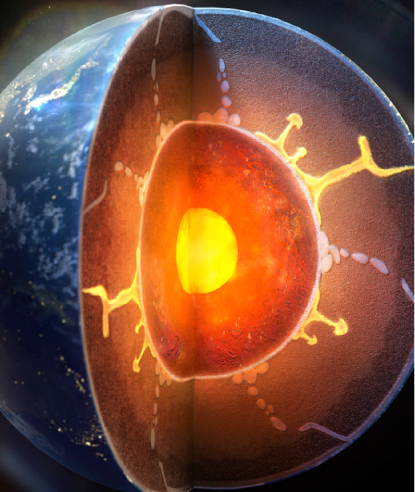 Illustration of Earth’s interior revealing subducting water and a rising plume of magma