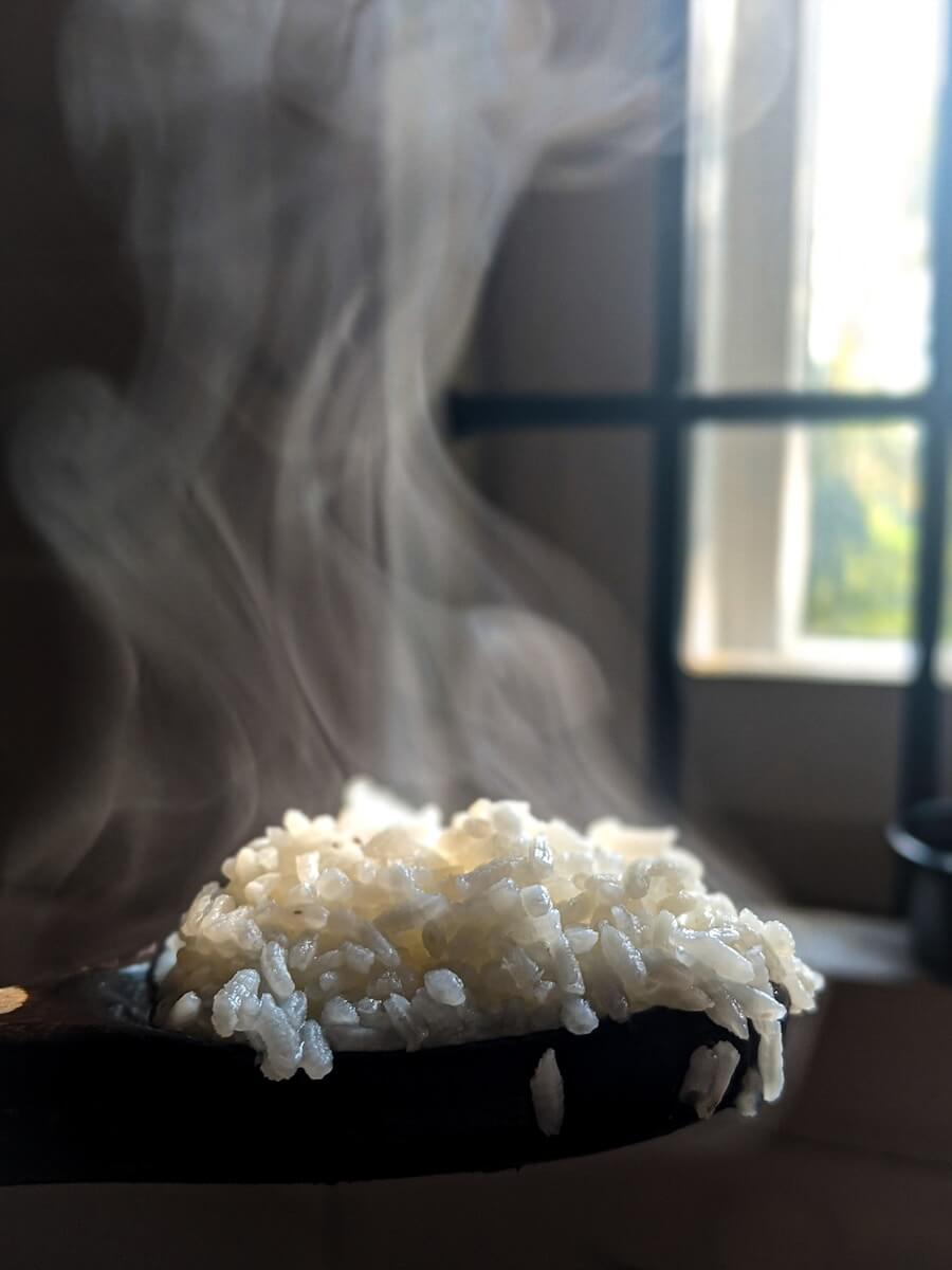 Steaming spoonful of white rice