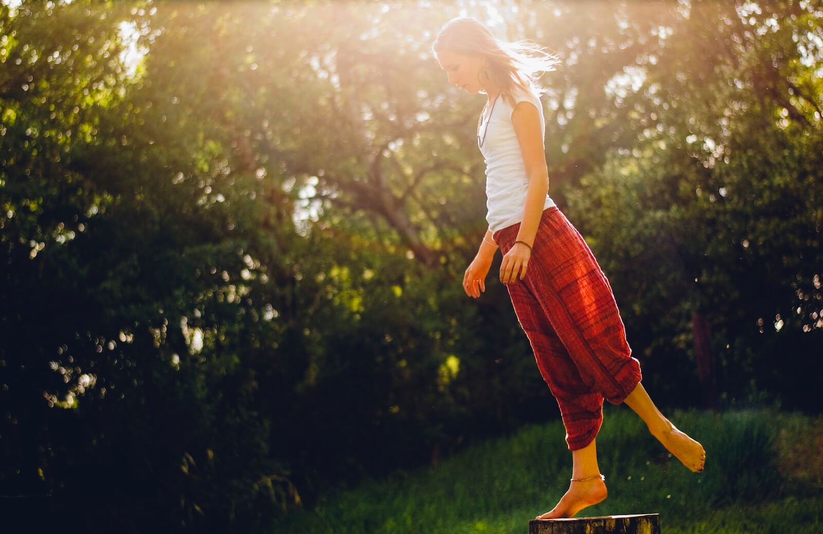 Woman in red harem pants