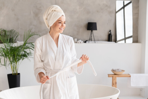 A woman in a bathrobe