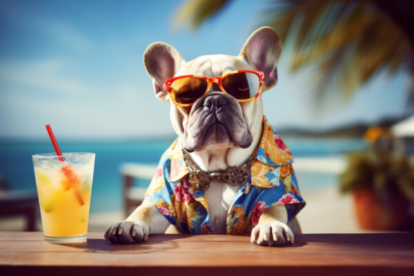 French bulldog in sunglasses sunbathing at seaside resort