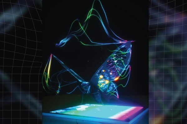 Artistic depiction of a butterfly above the bioinspired imaging sensor.
