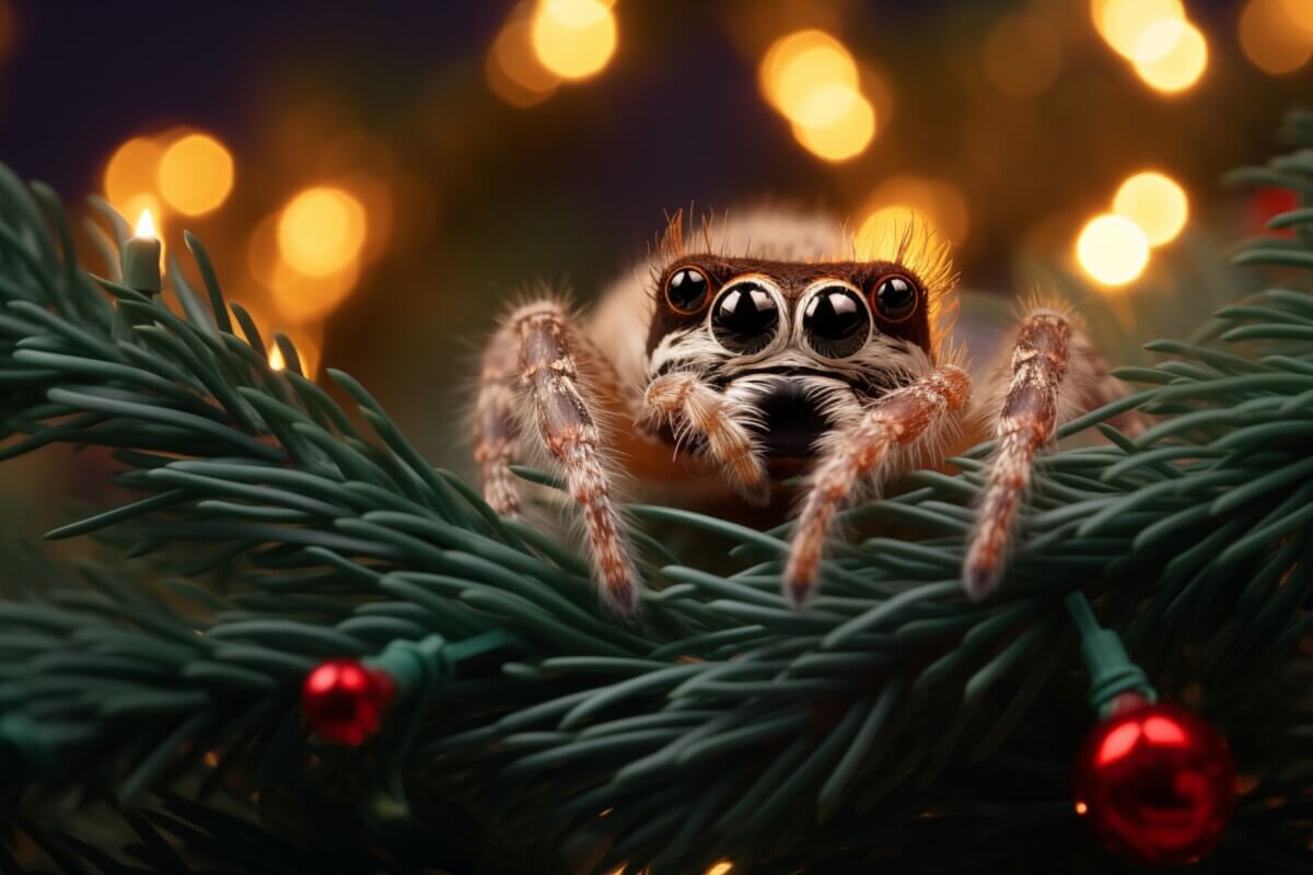 A cute jumping spider hiding in a christmas tree