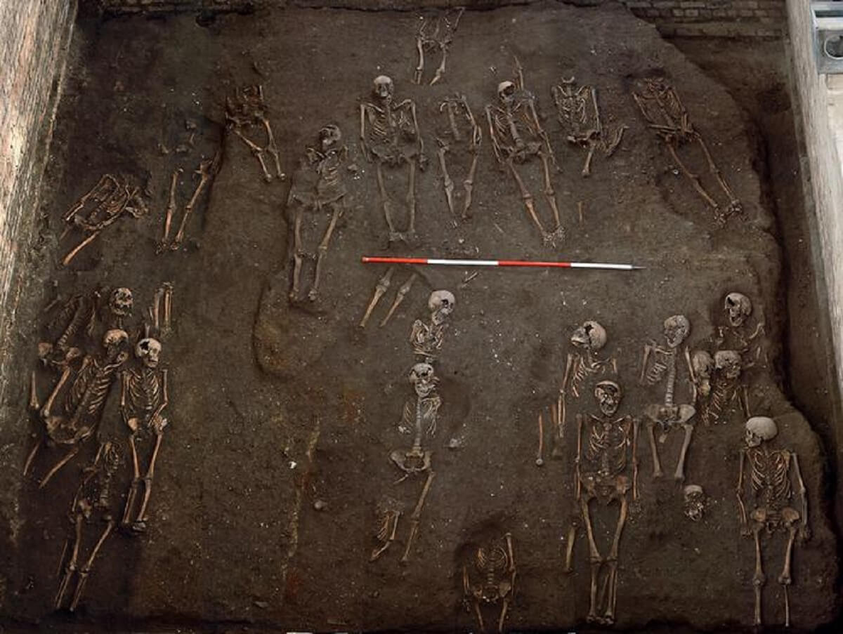 The remains of numerous individuals unearthed on the former site of the Hospital of St. John the Evangelist, taken during the 2010 excavation.