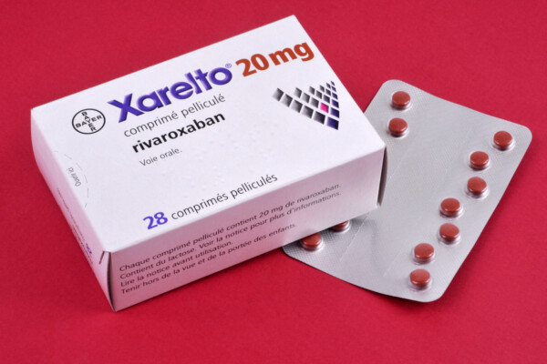 prescription drug box and pills of Xarelto
