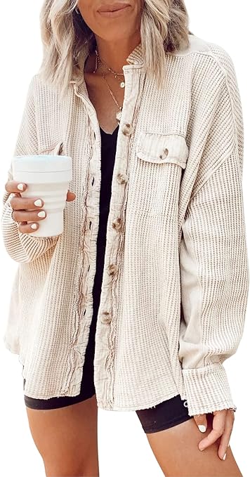 Chouyatou Women's Loose Fit Batwing Sleeve Waffle Knit Button Down Shirt
