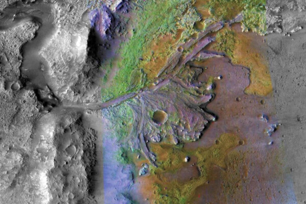 An aerial photo shows the remains of a delta where a water source once fed an ancient lake at the Jezero crater on Mars