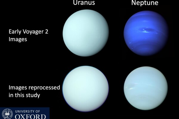 (Voyager 2/ISS images of Uranus and Neptune released shortly after the Voyager 2 flybys in 1986 and 1989, respectively, compared with a reprocessing of the individual filter images in this study to determine the best estimate of the true colors of these planets.