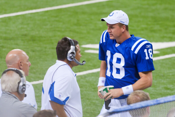 Peyton Manning, Indianapolis Colts quarterback, watches the game between Indianapolis Colts and Cincinnati Bengals on September 2, 2010
