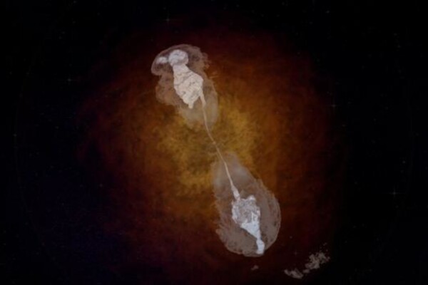 A snapshot from a simulation showing how the merger of a black hole and a neutron star can generate powerful jets and winds that produce gamma-ray bursts