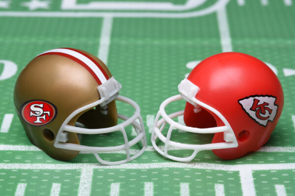 Helmets for the Kansas City Chiefs and San Francisco 49ers, opponents in Super Bowl LVIII.