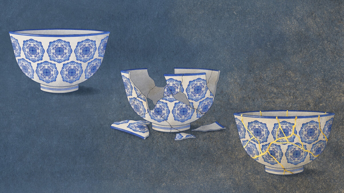 Kintsugi, the traditional Japanese art of repairing broken pottery by mending cracks with lacquer and gold. 