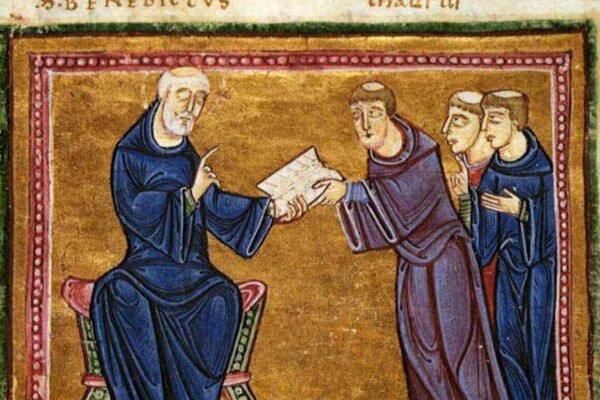 St. Benedict delivering his rule to the monks of his order