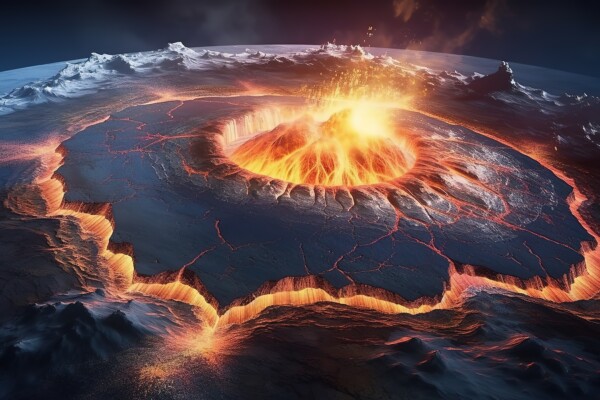 Artwork of the Ring of Fire, a region of tectonic plate boundaries around the Pacific Ocean.