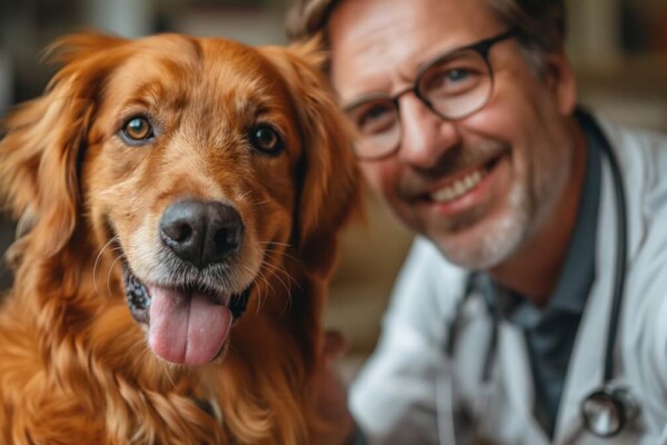 veterinarian with golden retriever