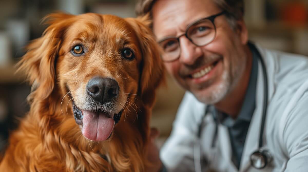 veterinarian with golden retriever