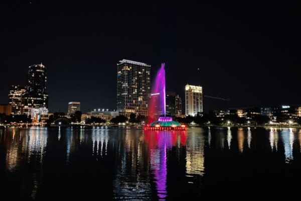 city skyline during night time