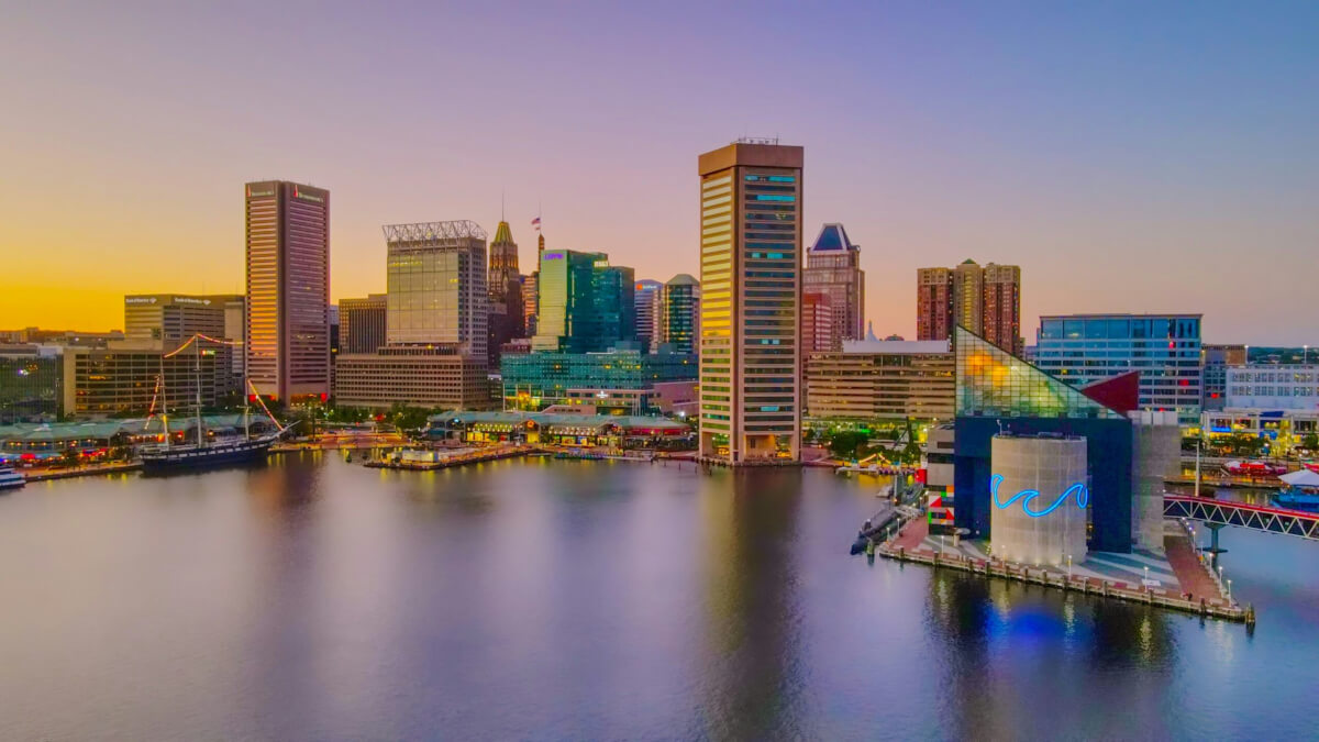 The Baltimore harbor with the National Aquarium at the bottom right