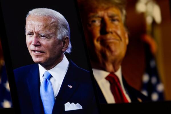 Democratic candidate Joe Biden in the foreground, Republican candidate Donald Trump in the background