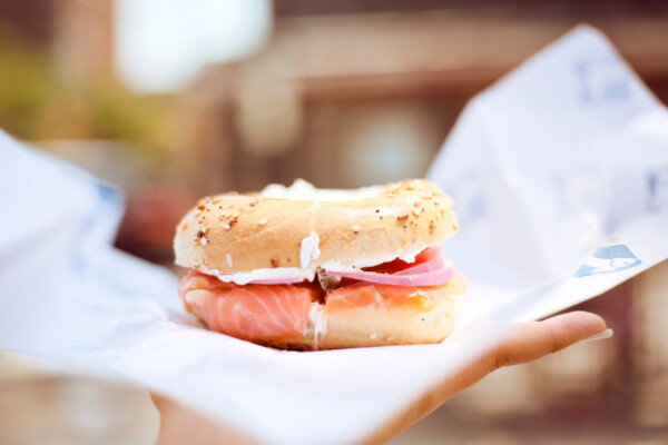 A New York-style bagel with lox, onions, and cream cheese