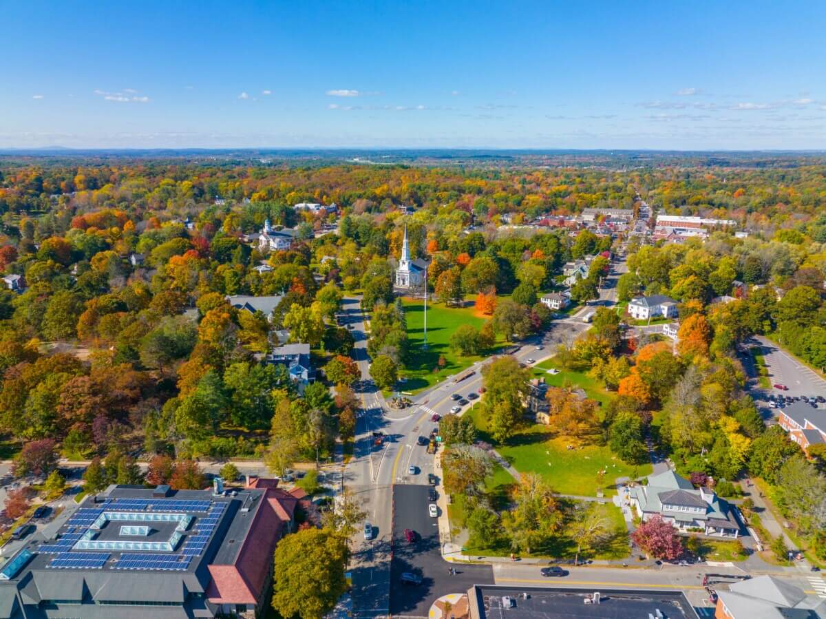 An aerial view of Lexington, MA