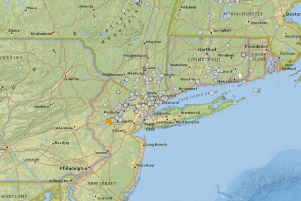 A map of earthquakes over the past century. The large orange dot was a magnitude 4.8 on April 5, 2024.