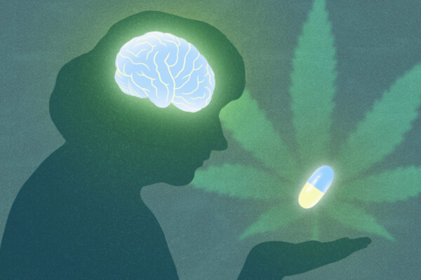The outline of a person and their brain facing a cannabis leaf and symbolic CBN pill, demonstrating the potential for CBN to treat neurological disorders in the future.