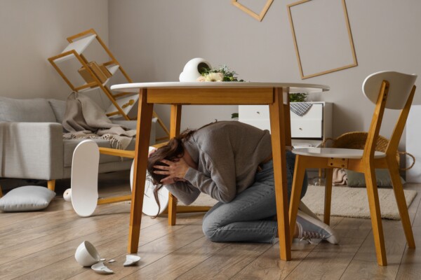 Young woman hiding under dining table during earthquake at home